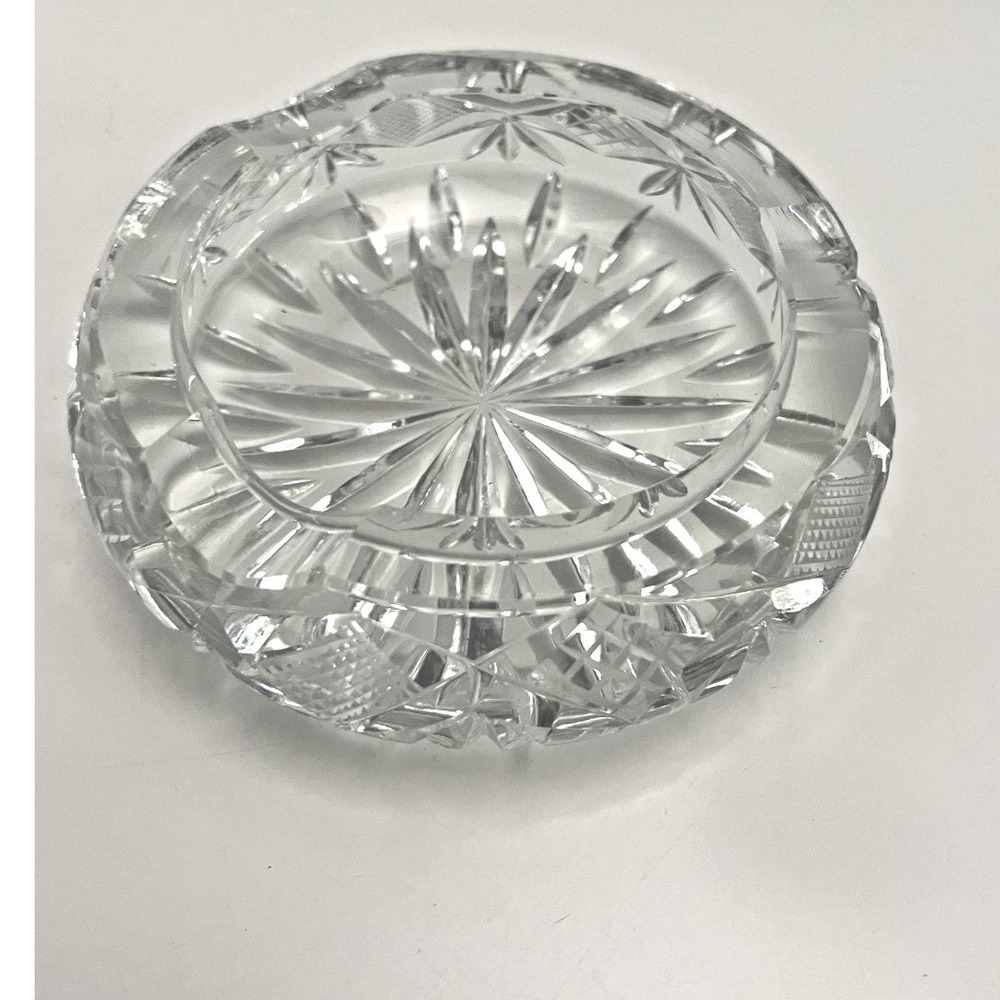 Vintage Cut Crystal Glass Ashtray Round Starburst Diamond Pattern Clear Heavy